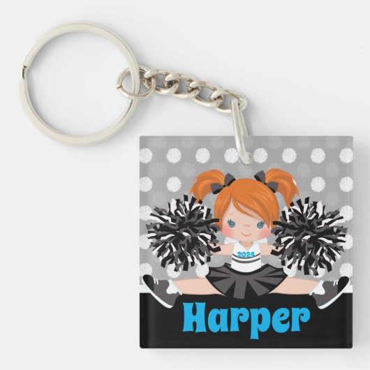 Gepersonaliseerde Black & Silver Cheerleading Sleu Sleutelhanger (Voorkant)