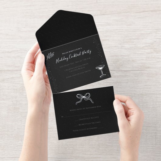 Gepersonaliseerde Black White Silver Holiday Party All In One Uitnodiging (Uittrekbaar)