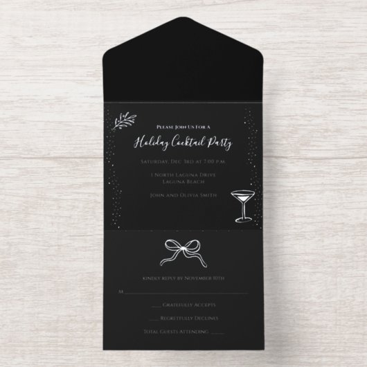 Gepersonaliseerde Black White Silver Holiday Party All In One Uitnodiging (Binnenkant)