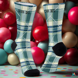 Gepersonaliseerde Blauw en Crème Tartan Plakken Cu Sokken