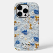 Gepersonaliseerde Blauw en Goud Geborduurde Bloeme Case-Mate iPhone Case (Achterkant)