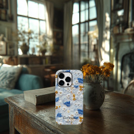 Gepersonaliseerde Blauw en Goud Geborduurde Bloeme Case-Mate iPhone 14 Pro Hoesje