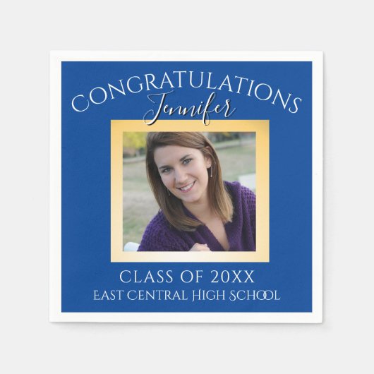 Gepersonaliseerde Blauw en Goud High School Senior Servet (Voorkant)