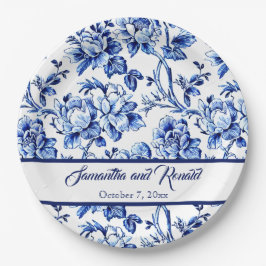 Gepersonaliseerde Blauw en Wit Bloemen Toile Bruil Papieren Bordje