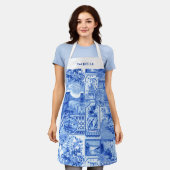 Gepersonaliseerde  Blauw en Wit Japonaiserie Schort (Gedragen)