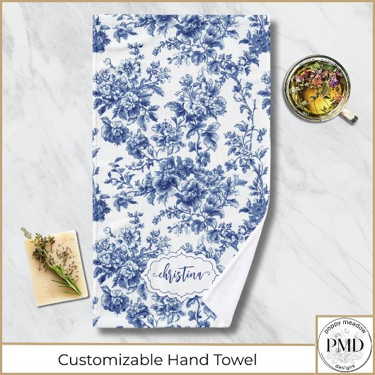 Gepersonaliseerde Blauw en Wit Toile  Bloemen Handdoek