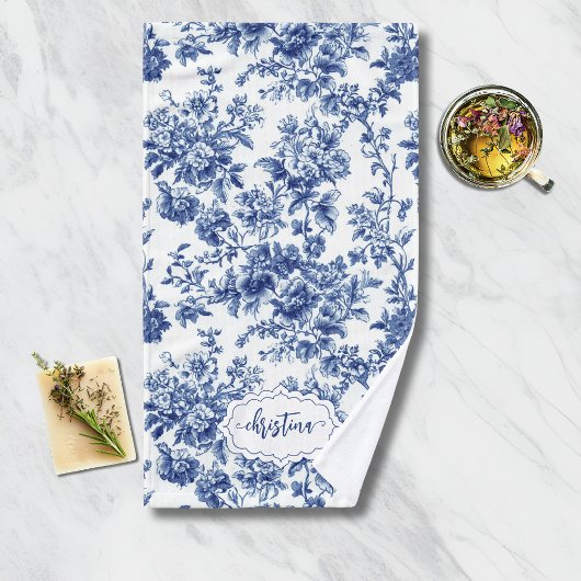 Gepersonaliseerde Blauw en Wit Toile  Bloemen Handdoek