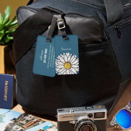 Gepersonaliseerde Blauw & Geel Daisy Bagagelabel (Voorkant /achterkant)