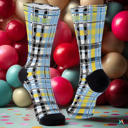 Gepersonaliseerde Blauw, Geel, en Zwart Tartan Cus Sokken
