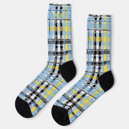 Gepersonaliseerde Blauw, Geel, en Zwart Tartan Cus Sokken (Links)