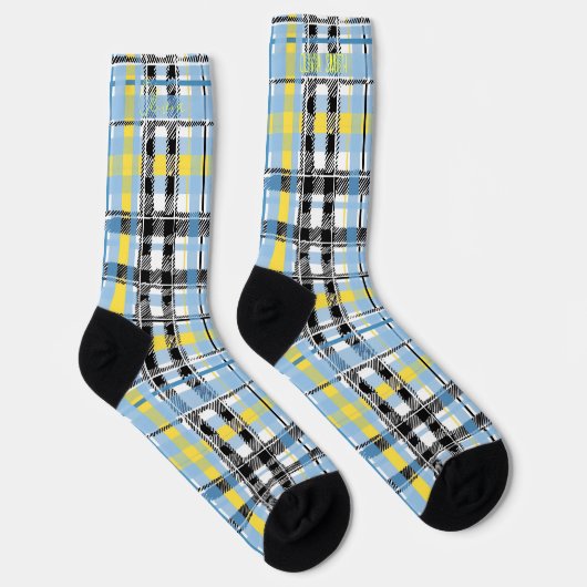 Gepersonaliseerde Blauw, Geel, en Zwart Tartan Cus Sokken (Rechts)