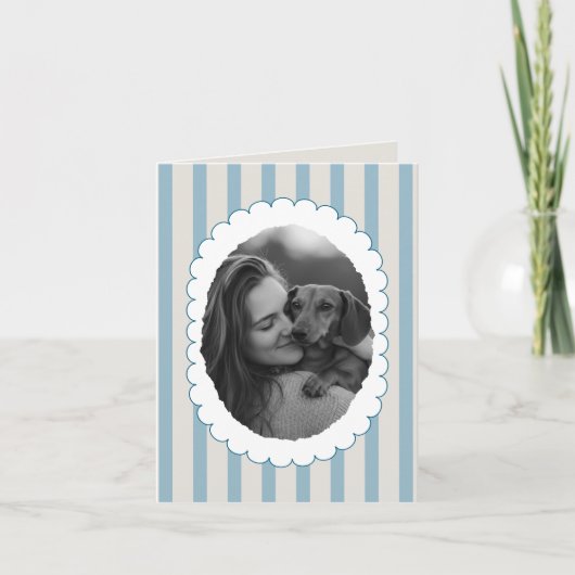 Gepersonaliseerde blauw gestreepte huisdier foto t bedankkaart (Voorkant)