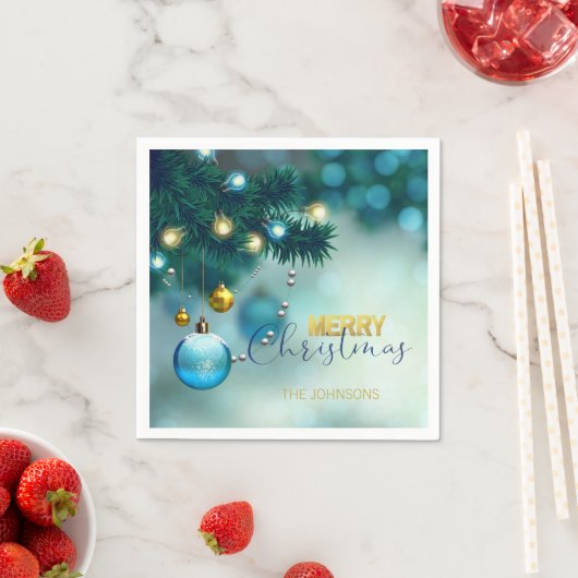 Gepersonaliseerde Blauw Goud Baubles Tree KERSTMIS Servet (Insitu)
