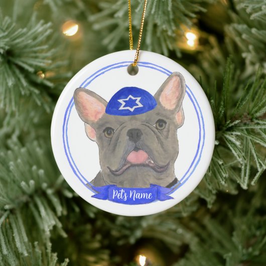 Gepersonaliseerde Blauw Grijs Frenchie Chanoeka Keramisch Ornament (Boom)