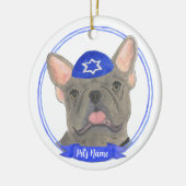 Gepersonaliseerde Blauw Grijs Frenchie Chanoeka Keramisch Ornament (Links)