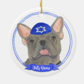 Gepersonaliseerde Blauw Grijs Frenchie Chanoeka Keramisch Ornament (Achterkant)
