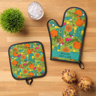 Gepersonaliseerde Blauw & Groen Sinaasappel Apothe Ovenwant & Pannenlap Set