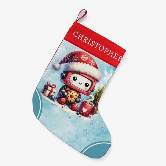 Gepersonaliseerde blauw-rode Schattigee robot Kleine Kerstsok (Voorkant (Hangend))