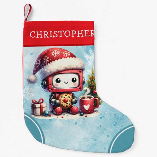 Gepersonaliseerde blauw-rode Schattigee robot Kleine Kerstsok (Voorkant)