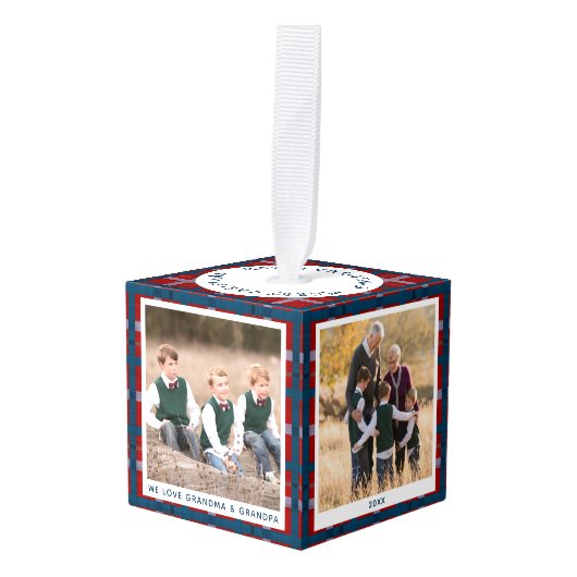 Gepersonaliseerde Blauw Rood Plaid Kerstmis Foto Decoratie (Voorkant hoekig)