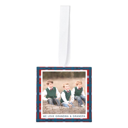 Gepersonaliseerde Blauw Rood Plaid Kerstmis Foto Decoratie (Voorkant)