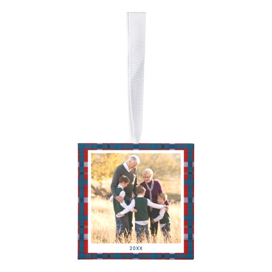 Gepersonaliseerde Blauw Rood Plaid Kerstmis Foto Decoratie (Rechts)