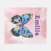 Gepersonaliseerde Blauw Roze Vlinder Custom Preppy Fleece Deken (Voorkant (Horizontaal))