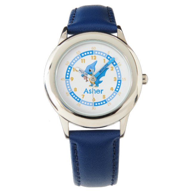 Gepersonaliseerde Blauw Schattigee Dinosaurus Leer Horloge (Voorkant)