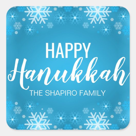 Gepersonaliseerde Blauw Wit GELUKKIG HANUKKAH Snee Vierkante Sticker (Voorkant)