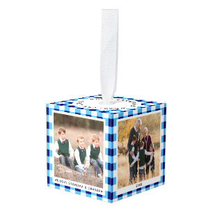Gepersonaliseerde Blauw Wit Plaid Kerstmis Foto Decoratie