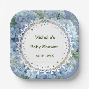 Gepersonaliseerde Blauw & Witte Bloemen Baby showe Papieren Bordje