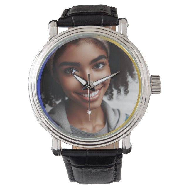 Gepersonaliseerde Blauw Zilver, Gouden Kleur Rand  Horloge (Voorkant)