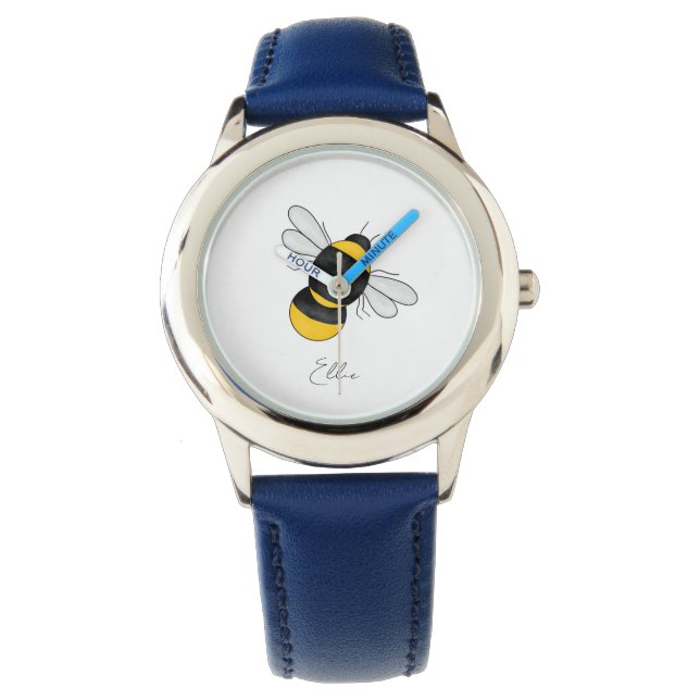 Gepersonaliseerde blauwe bijen kinder blauw horlog horloge (Voorkant)