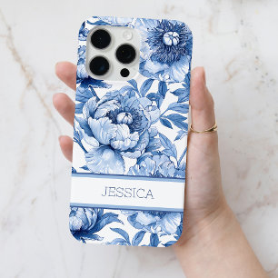 Gepersonaliseerde Blauwe Bloemen Chinoiserie Bloem iPhone 15 Pro Max Hoesje