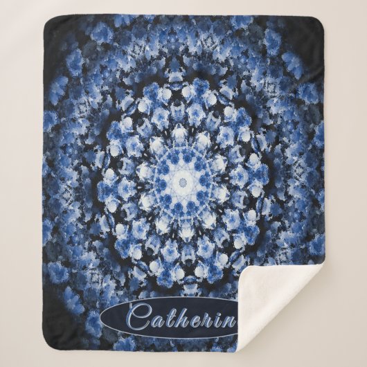 Gepersonaliseerde Blauwe Bloemen Glas Mandala Sherpa Deken (Voorkant)