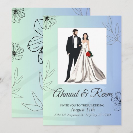 Gepersonaliseerde Blauwe Bloemen Huwelijksuitnodig Kaart (Voorkant / Achterkant)