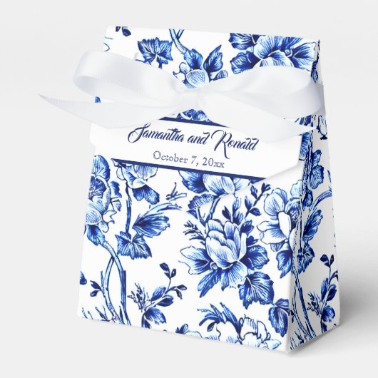 Gepersonaliseerde Blauwe Bloemen Toile Bruiloft Bedankdoosjes (Voorkant Zijde)