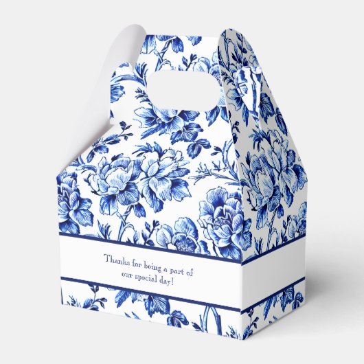 Gepersonaliseerde Blauwe Bloemen Toile Bruiloft Bedankdoosjes (Achterkant)