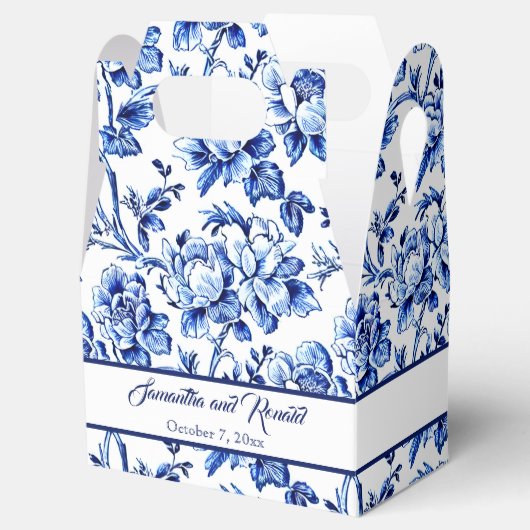 Gepersonaliseerde Blauwe Bloemen Toile Bruiloft Bedankdoosjes (Geopend)
