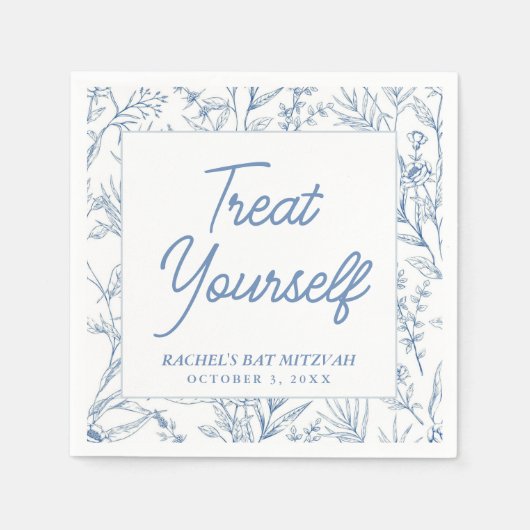 Gepersonaliseerde blauwe bloemenvleermuis Mitzvah  Servet (Voorkant)