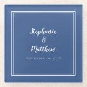 Gepersonaliseerde blauwe bruiloft klassieke monogr glazen onderzetter (Voorkant)