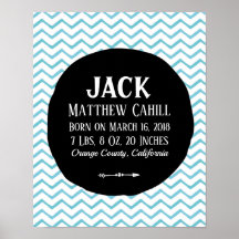Gepersonaliseerde blauwe chevron geboorte poster p