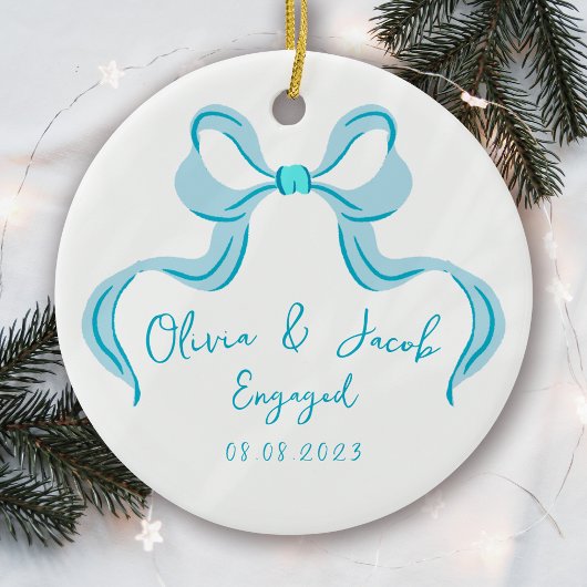 Gepersonaliseerde blauwe Coquette Bow verloofd Keramisch Ornament