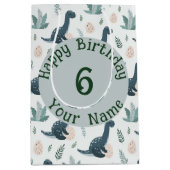 Gepersonaliseerde blauwe dinosaurus met gebladerte medium cadeauzakje (Voorkant)