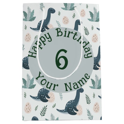 Gepersonaliseerde blauwe dinosaurus met gebladerte medium cadeauzakje (Voorkant)