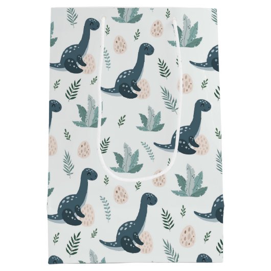 Gepersonaliseerde blauwe dinosaurus met gebladerte medium cadeauzakje (Achterkant)