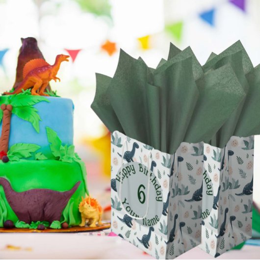 Gepersonaliseerde blauwe dinosaurus met gebladerte medium cadeauzakje