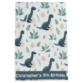 Gepersonaliseerde blauwe dinosaurus met gebladerte medium cadeauzakje (Voorkant)