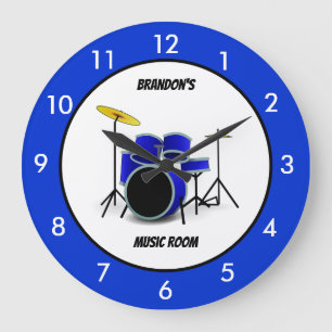 Gepersonaliseerde blauwe drumset muziek grote klok