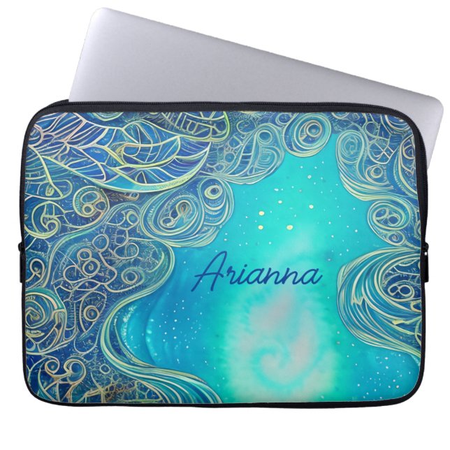 Gepersonaliseerde blauwe en Blauwgroen Abstracte k Laptop Sleeve (Voorkant)